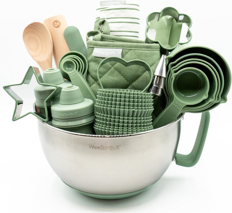 WeeSprout Ultimate Baking Kit for Kids - Kids Baking Set with Child Sized Utensils - Includes Apron, Oven Mitts, Silicone Mats & Liners - Perfect Cooking Set for Ages 6-12 - Gift for Children Green - Image 1
